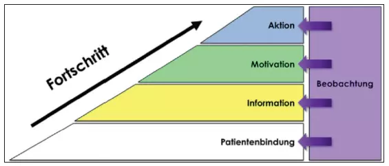 Abb. 1: Erst wenn das Umfeld oder die sogenannte Patientenbindung geschaffen ist, kann die Information erfolgreich vermittelt werden. Danach sind auch Veränderungen motivierbar. Bis zur Aktion ihrer Umsetzung kann das aktuelle Stadium des Patienten regelmäßig beobachtet und entsprechend auf ihn eingegangen werden.