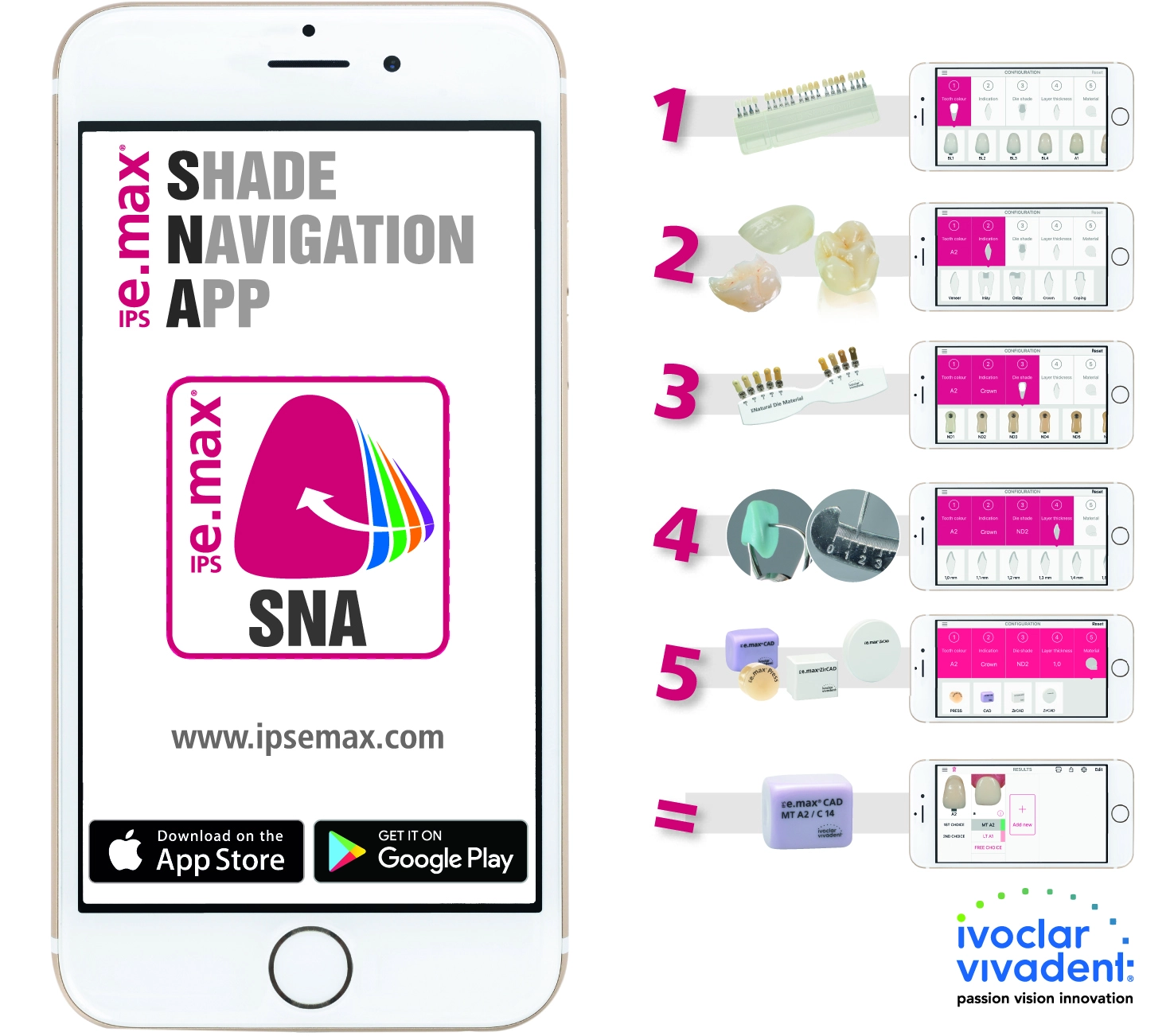 In nur 5 Schritten führt die IPS e.max® Shade Navigation App zur passenden Farbe und Transluzenz.