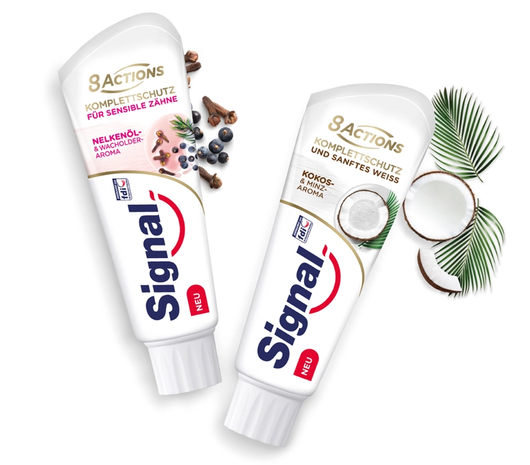 Signal 8 Actions als Komplettschutz und sanftes Weiß mit Kokos- und Minz-Aroma oder als Komplettschutz für sensible Zähne mit Nelkenöl- und Wacholder-Aroma.