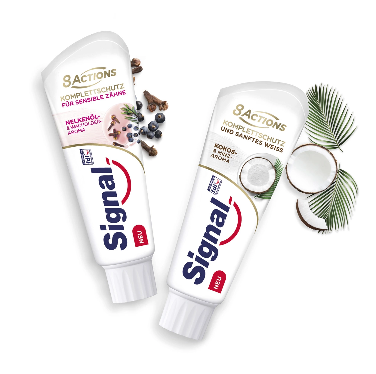 Neu: Signal 8 Actions Komplettschutz und sanftes Weiß mit Kokos- und Minz-Aroma sowie Komplettschutz für sensible Zähne mit Nelkenöl- und Wacholder-Aroma.