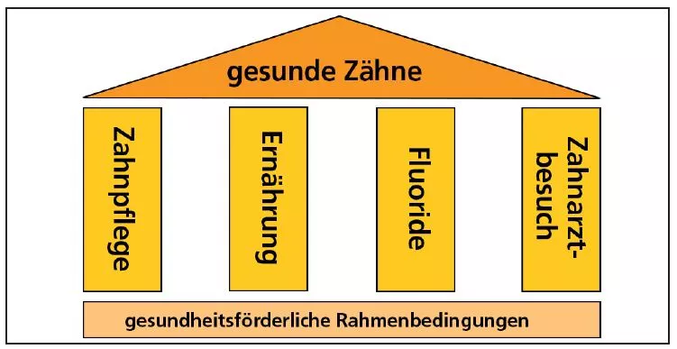 Abb. 1a u. b: Klassische Darstellung der vier Säulen der Kariesprävention (links) und Darstellung nach Evidenzlage (rechts) [1,2,5,8,10].