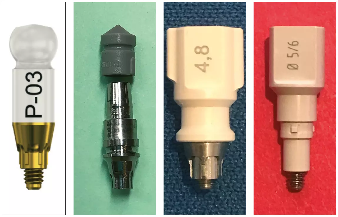 Abb. 22–25: Beispiele verschiedener Scanpfosten – sie bestimmen den Datenweg, den es zu nehmen gilt. Nach meiner Erfahrung besitzt jedes System seine Vor- und Nachteile. Von links nach rechts: IO FLO für Atlantis (Dentsply Sirona); ScanPost für Ceres (Dentsply Sirona); Scanbody (nt-trading); Camlog (BioHorizons).