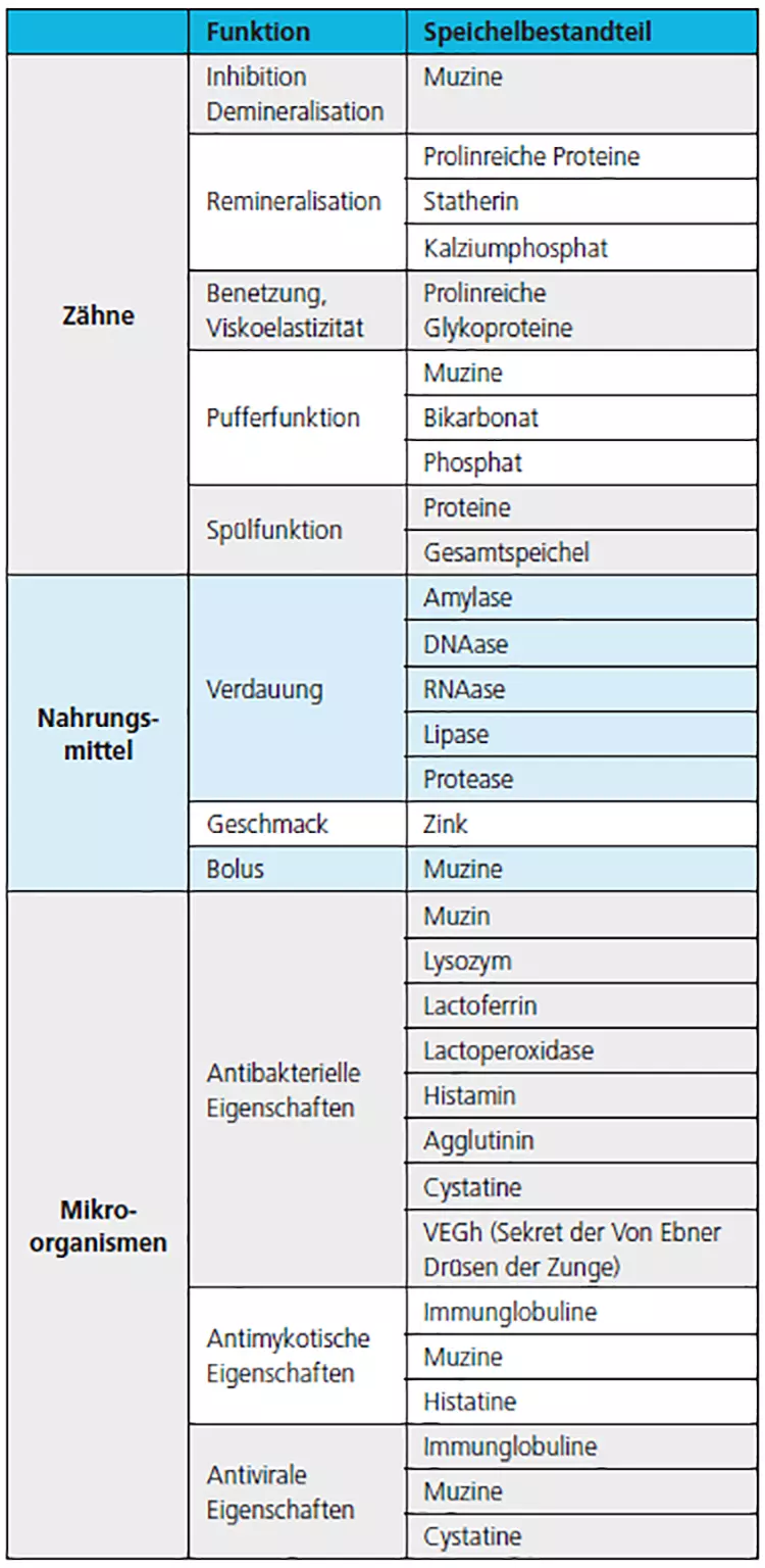 Tab. 2: Darstellung der wichtigsten Speichelfunktionen (nach Van Nieuw Amerongen et al., 2004 [33]).