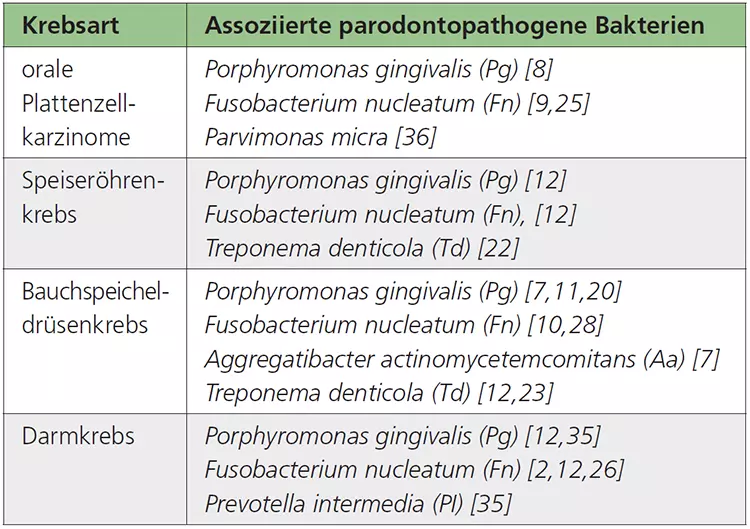 Tab. 1: Korrelation zwischen der Art der Krebserkrankung und dem Auftreten bestimmter parodontopathogener Bakterien.