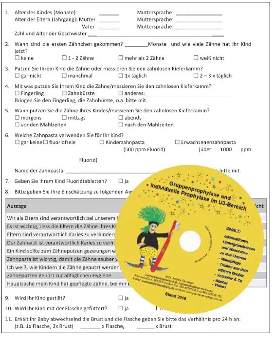 Abb. 1: Altersdifferenzierter Anamnesebogen, hier eine Seite des vierseitigen Bogens für ein Kind im ersten Lebensjahr (= Säugling). Dieser befindet sich als Word-Datei auf der abgebildeten CD zusammen mit den drei weiteren
Anamnesebögen für Kleinkinder, Kindergartenkinder und Grundschulkinder. Bezugsquelle: Royalx (info@royalx.de).