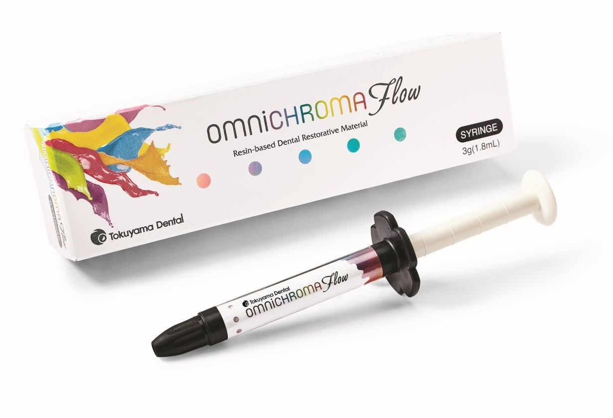 Das Phänomen OMNICHROMA erweitert die Produktpalette um ein Flowable:  OMNICHROMA FLOW. Es bietet stufenlose Farbanpassung von A1 bis D4. Ein einziges Flowable für alle Farben. © Tokuyama Dental