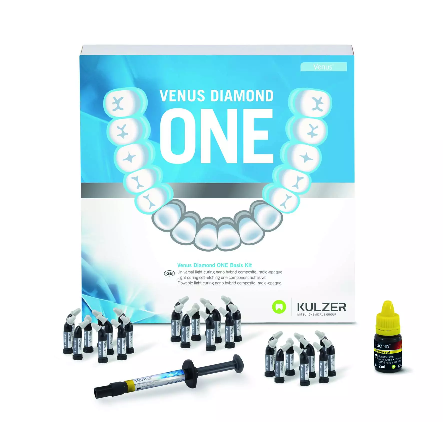 Das Komplettpaket für die täglichen Restaurationen – Venus Diamond ONE Basis Kit – enthält Venus Diamond ONE, Venus Diamond Flow Baseliner und iBOND Universal.