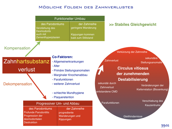 Abb. 1: Darstellung der möglichen Folgen von Zahn- oder Zahnhartsubstanzverlust im Restgebiss.
