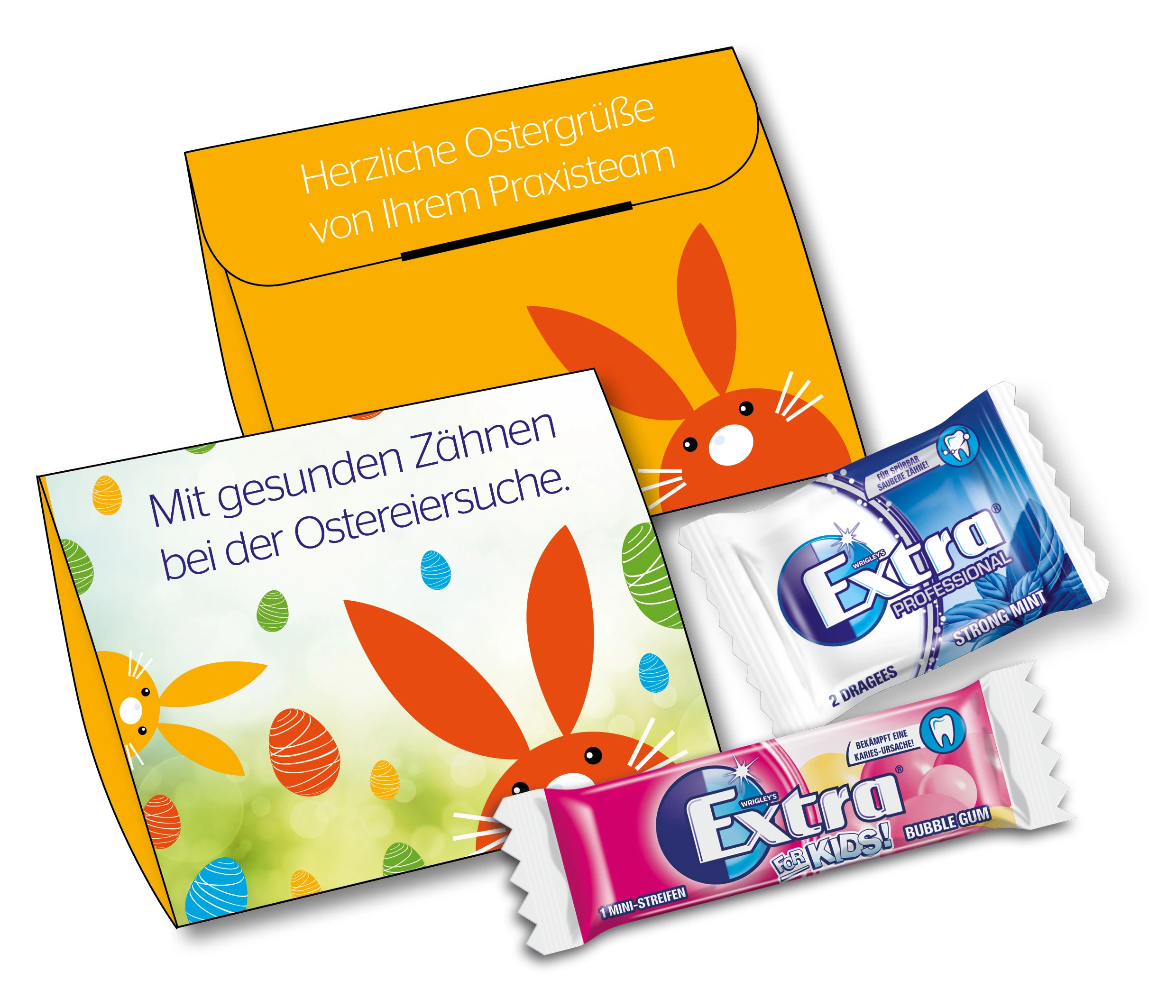 Abb. 1: Fröhlich-bunt und zahngesund: Der Praxis-Ostergruß mit wahlweise einem Extra Strong Mint Mini-Pack à zwei Dragees oder einem Extra for Kids Bubble Gum Streifen.