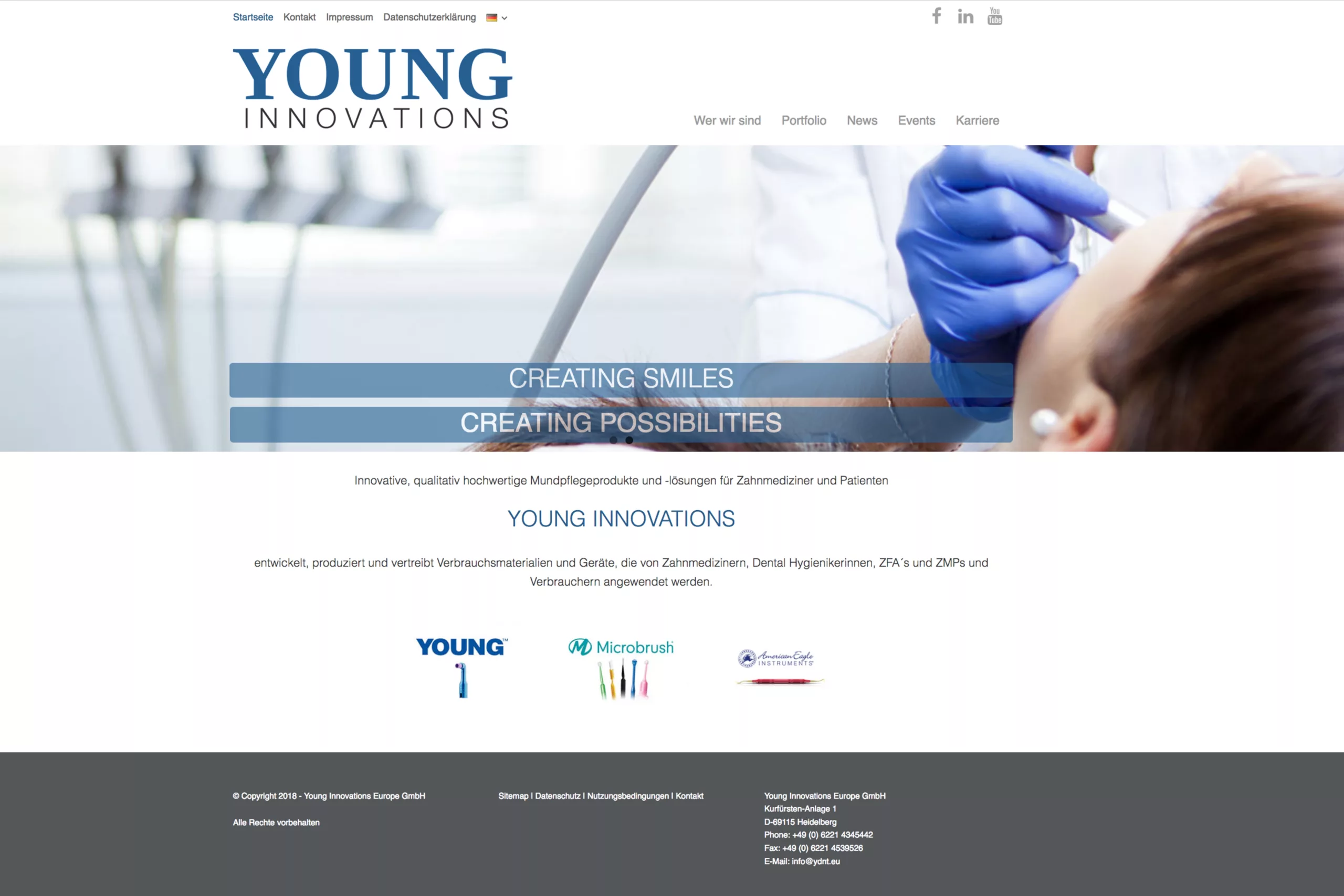 Screenshot der neuen Website von Young Innovations.