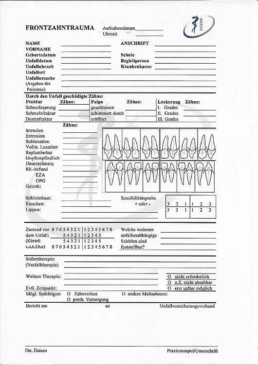 Abb. 3: Standardisierter Traumabogen zur Dokumentation, zum Download erhältlich über die Website der DGZMK (siehe Abb. 2 bzw. [8]).