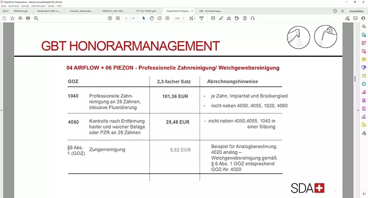 Abb. 2: Zusätzliche UPT-Sitzungen dürfen im Rahmen einer Behandlung nach der neuen Parodontitis-Richtlinie nicht nach GOZ berechnet werden. Die hier gelisteten
Positionen gelten für GBT-Sitzungen ohne subgingivale Instrumentierung oder für periimplantäres Biofilm-Management.