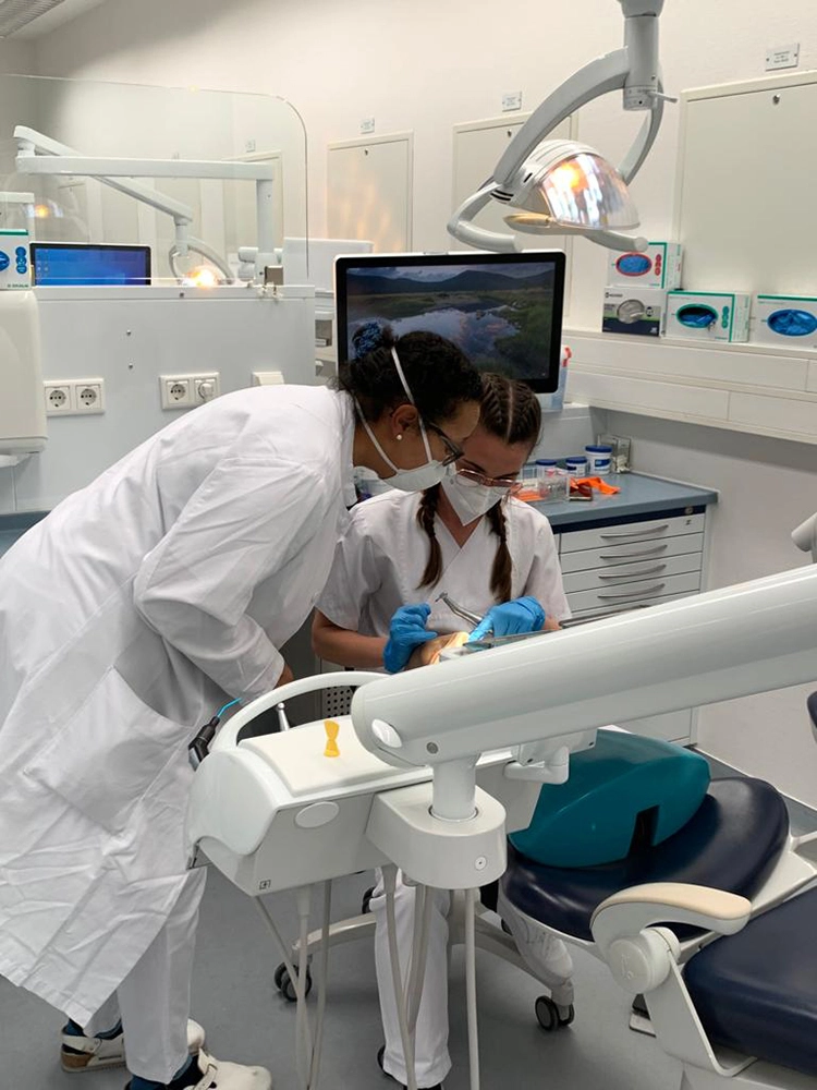 Anschließend erfolgt im zweiten Teil die praktische Anwendung der erlernten Fertigkeiten, im Bild unter Anleitung von Prof. Dr. M. A. Ommerborn (links) bei einer Studentin aus Düsseldorf.