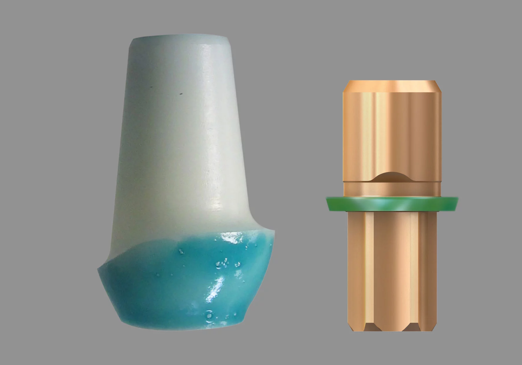 Die Bereiche am Implantat und Abutment, welche mit dem Weichgewebe in Kontakt stehen, werden mit der FGP-Isolierung abgedeckt (grün).