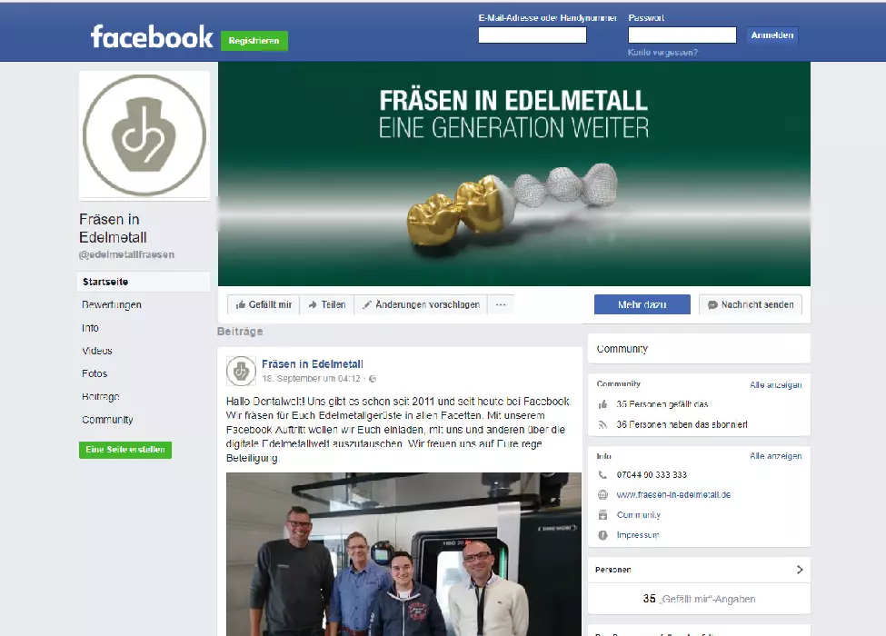 Screenshot der neuen Facebook-Seite „Fräsen in Edelmetall“.