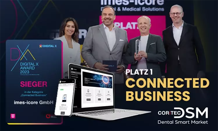 Preisverleihung v.l.n.r.: Moderatorin Nazan Eckes, Hagen Rickmann (Geschäftsführer Geschäftskunden Telekom Deutschland GmbH) sowie Christoph Stark (CEO imes-icore GmbH) und Christian Müller (COO imes-icore GmbH).