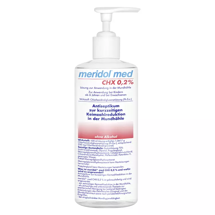meridol® med CHX 0,2%, 1-Liter-Flasche für die Praxis (Produkt-Paket enthält: 1-Liter-Flasche, Einmaldosierbecher, Pumpe; die Pumpe ist kein Bestandteil der Zulassung)