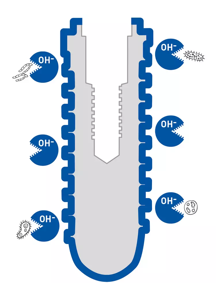 Die antimikrobielle Wirkung wird durch die freien Hydroxyl-Ionen (OH-) in wässriger Lösung erzeugt.
